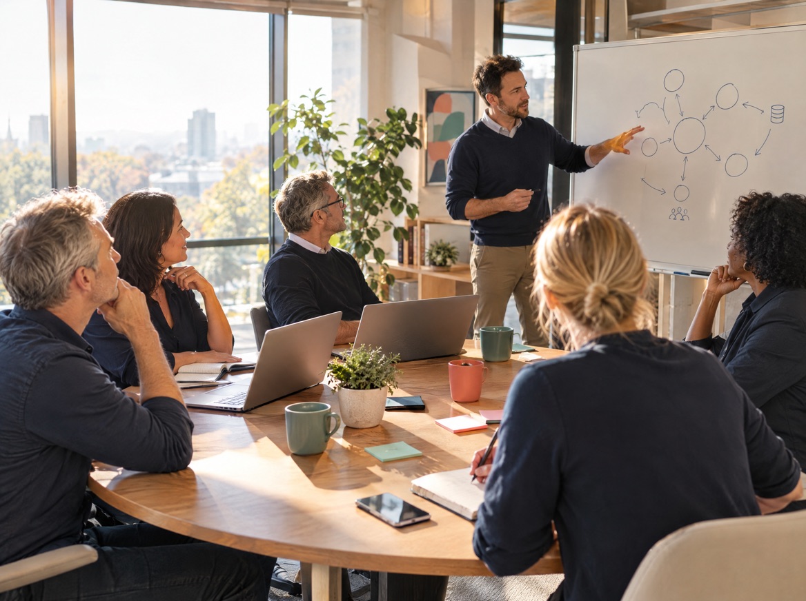 An instructor at a whiteboard explains a network diagram to leaders seated around a round table with laptops