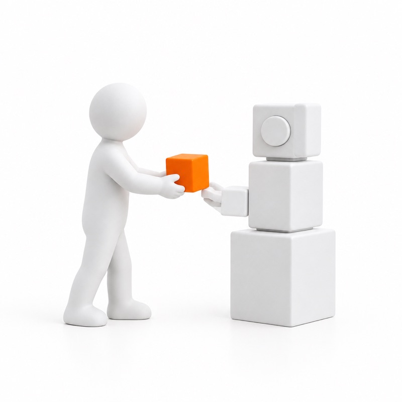 A white figurine handing an orange cube to a stack of white blocks